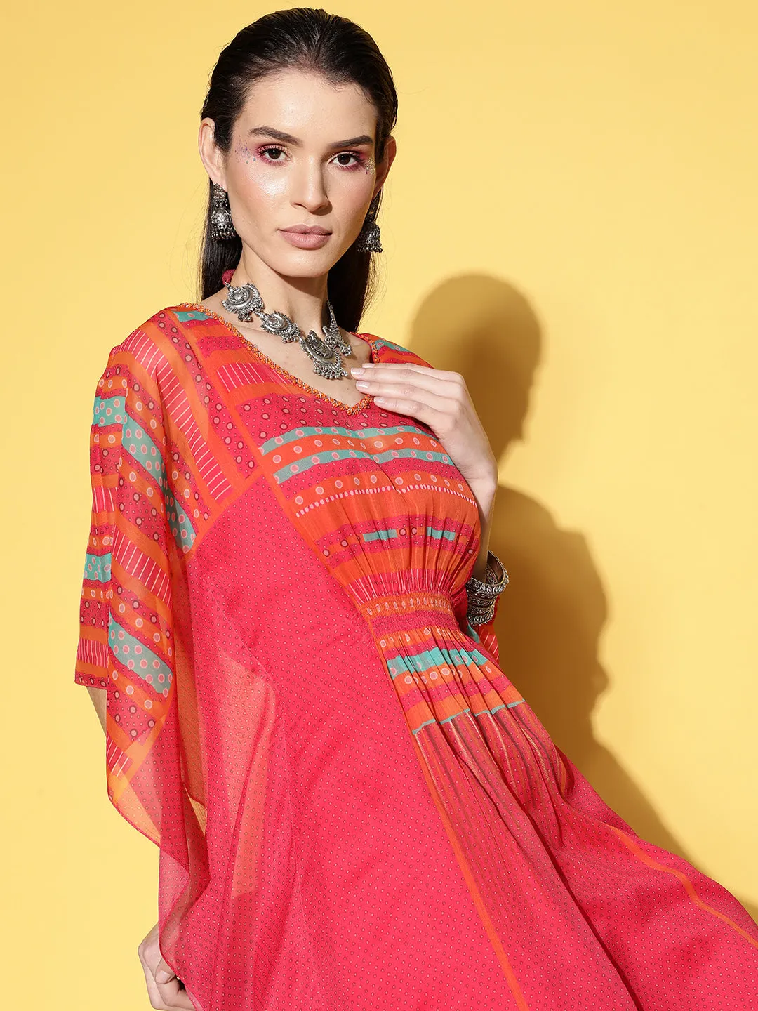 V Neck Chiffon All over Colorful Geometric Print Pink Fit & Flare Kaftan Set For Women - ZOLA