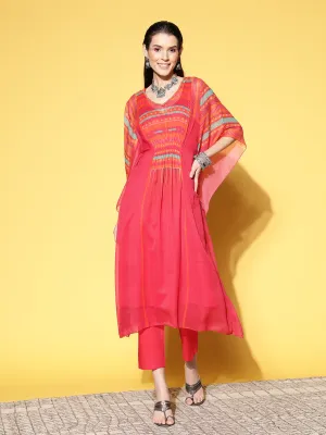 V Neck Chiffon All over Colorful Geometric Print Pink Fit & Flare Kaftan Set For Women - ZOLA