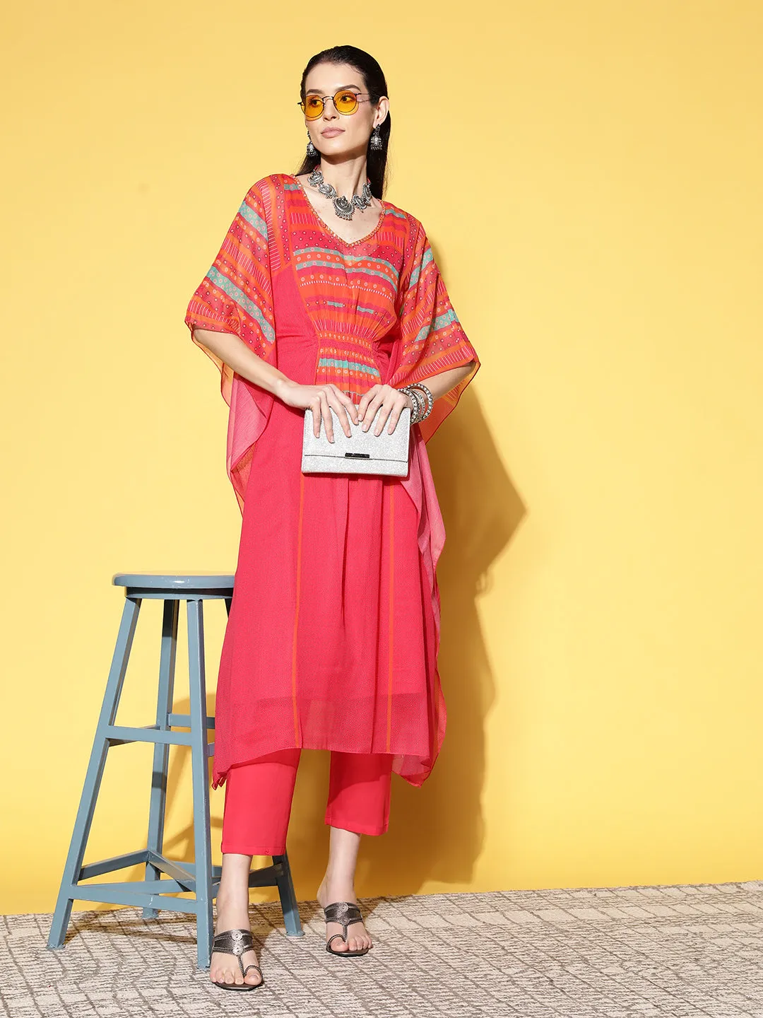V Neck Chiffon All over Colorful Geometric Print Pink Fit & Flare Kaftan Set For Women - ZOLA