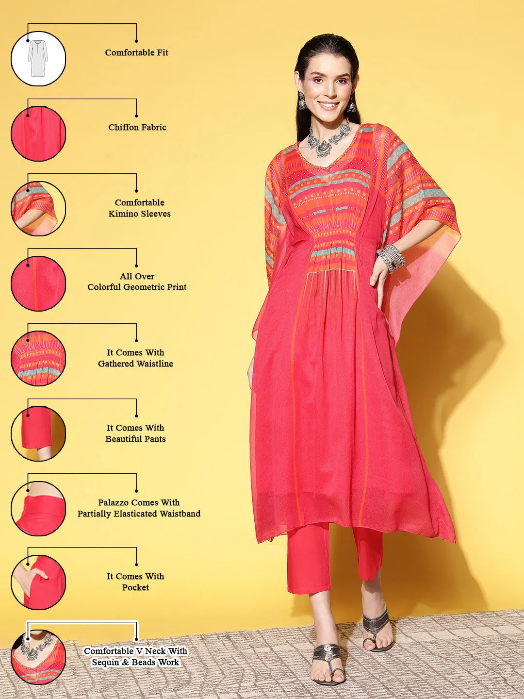 V Neck Chiffon All over Colorful Geometric Print Pink Fit & Flare Kaftan Set For Women - ZOLA