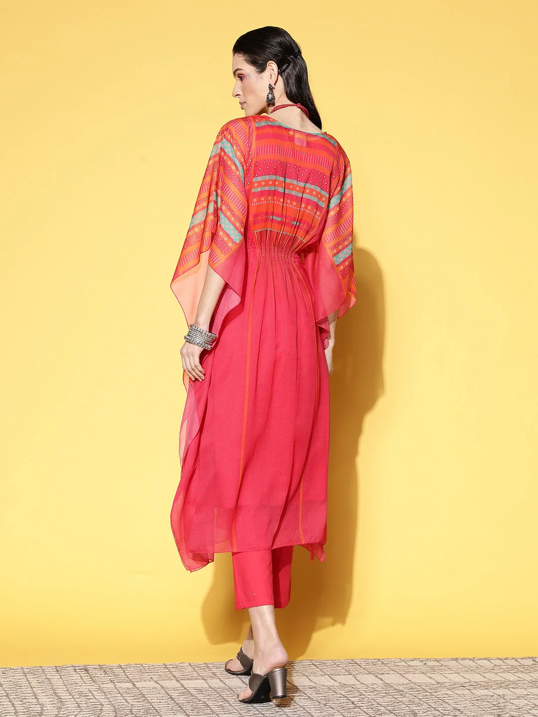 V Neck Chiffon All over Colorful Geometric Print Pink Fit & Flare Kaftan Set For Women - ZOLA
