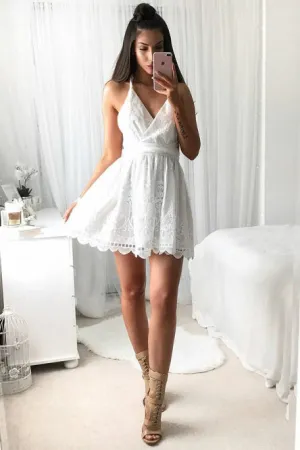 V-neck White A-line Lace Sleeveless Open Back Homecoming Dress OHM039