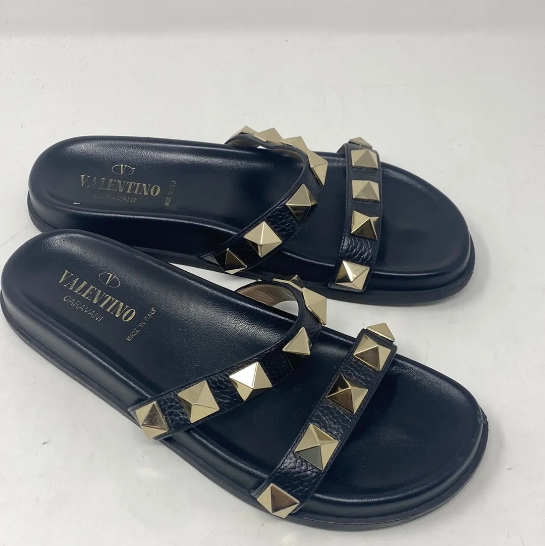 VALENTINO Black Leather Rockstud Two Strap Slide with Stud