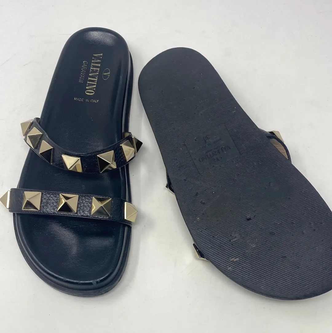 VALENTINO Black Leather Rockstud Two Strap Slide with Stud
