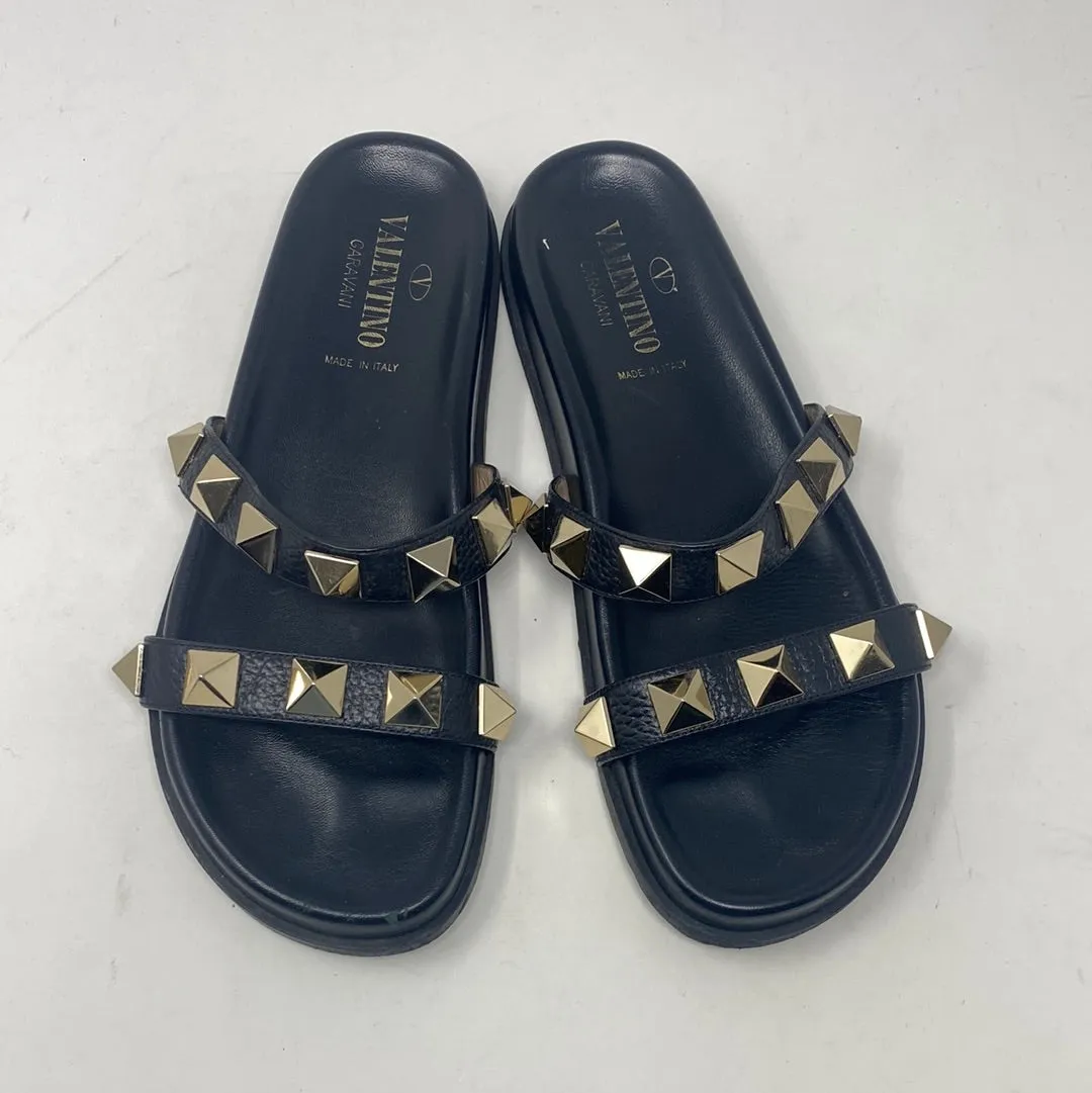 VALENTINO Black Leather Rockstud Two Strap Slide with Stud
