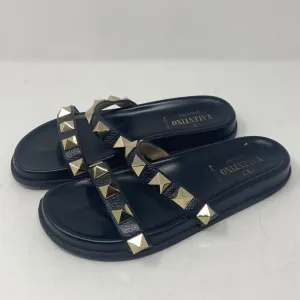 VALENTINO Black Leather Rockstud Two Strap Slide with Stud