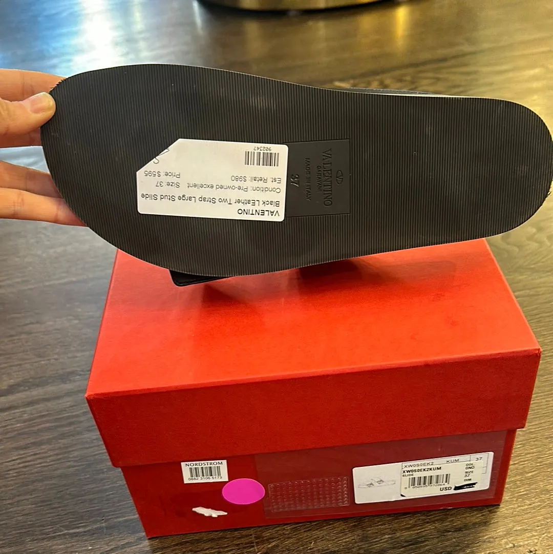 VALENTINO Black LEather Two Strap Large Stud Slides
