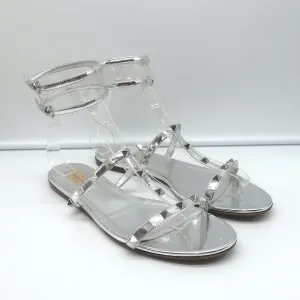 Valentino Rockstud & PVC Ankle Strap Sandals Silver Metallic Leather Size 40