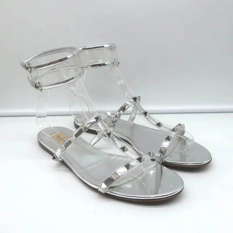 Valentino Rockstud & PVC Ankle Strap Sandals Silver Metallic Leather Size 40