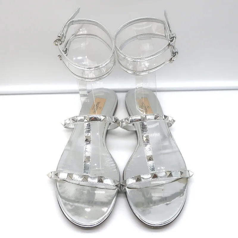 Valentino Rockstud & PVC Ankle Strap Sandals Silver Metallic Leather Size 40