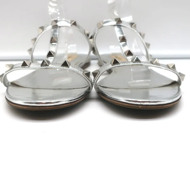 Valentino Rockstud & PVC Ankle Strap Sandals Silver Metallic Leather Size 40