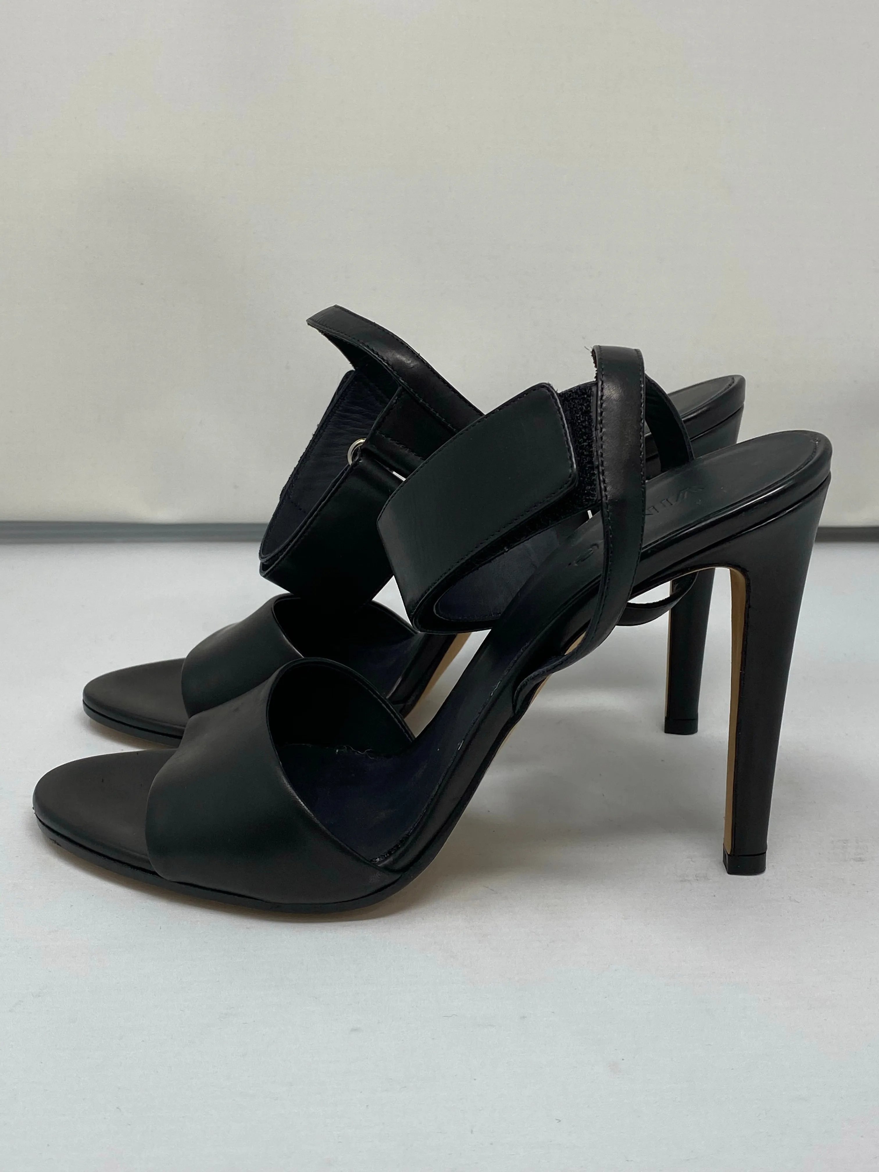 Vince Black Leather Velcro Ankle Strap Sandal