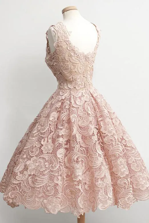 Vintage Ball Gown Scoop Knee-Length Sleeveless Lace Homecoming Dress OHM069