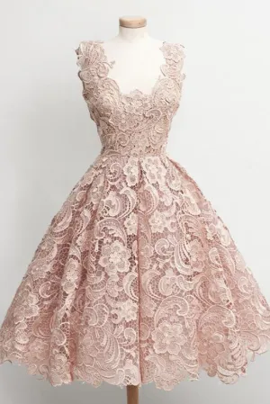 Vintage Ball Gown Scoop Knee-Length Sleeveless Lace Homecoming Dress OHM069