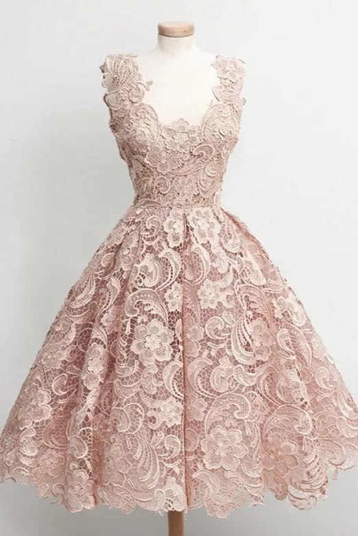 Vintage Ball Gown Scoop Knee-Length Sleeveless Lace Homecoming Dress OHM069