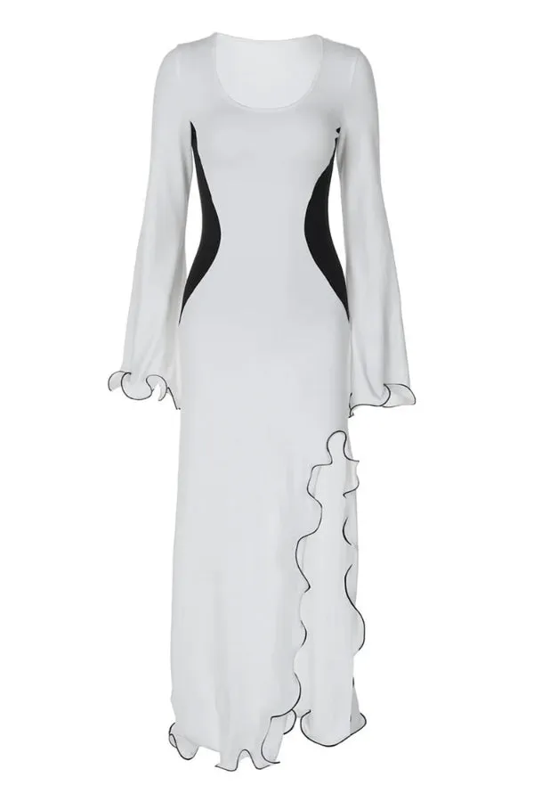 Wavy Trim Bell Sleeve Slim Fit High Slit Colorblock Maxi Dresses-White