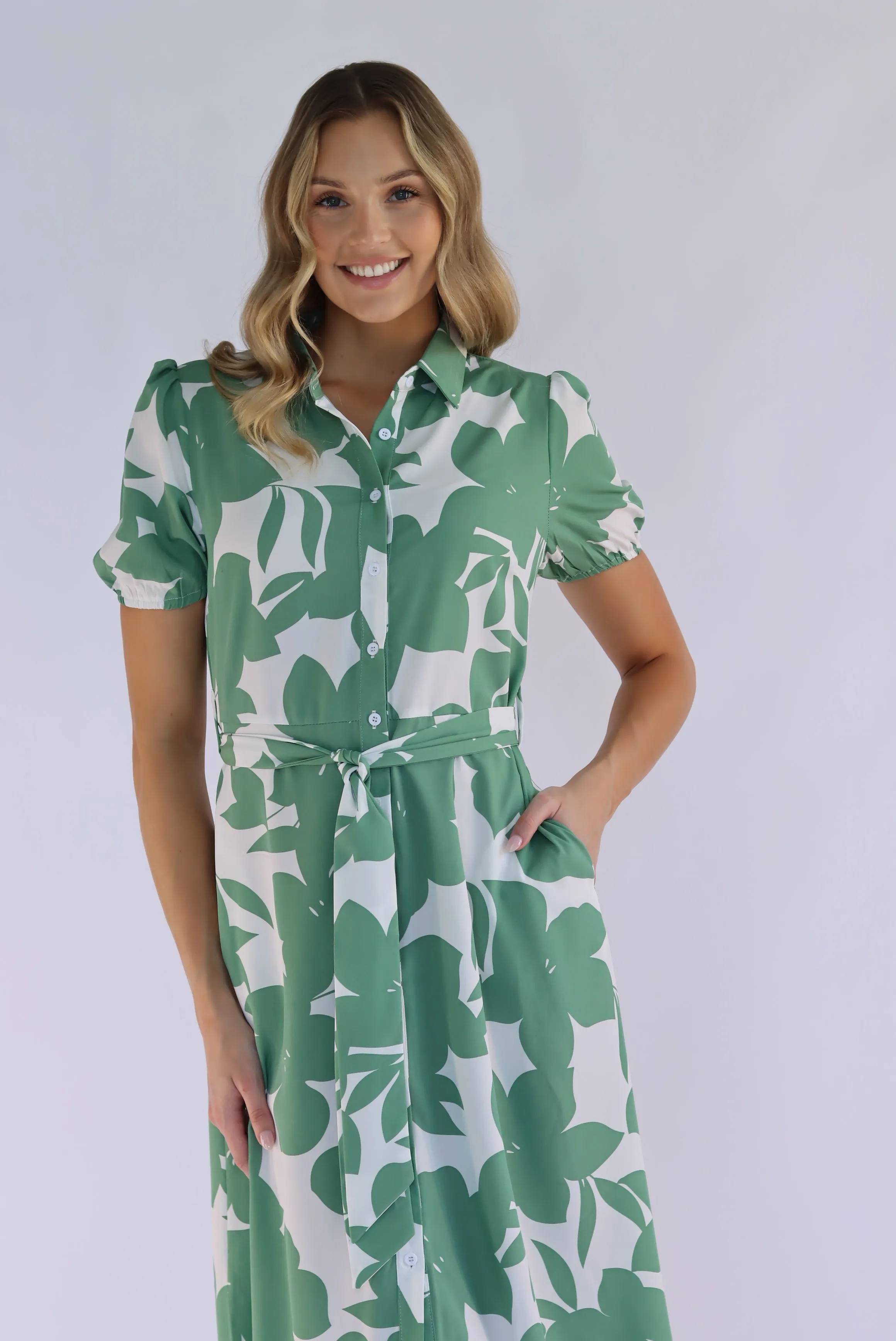 Whispering Sage Midi Shirt Dress