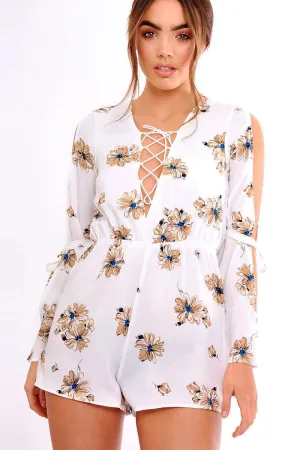 White Floral Print Lace Up Playsuit - Courtney