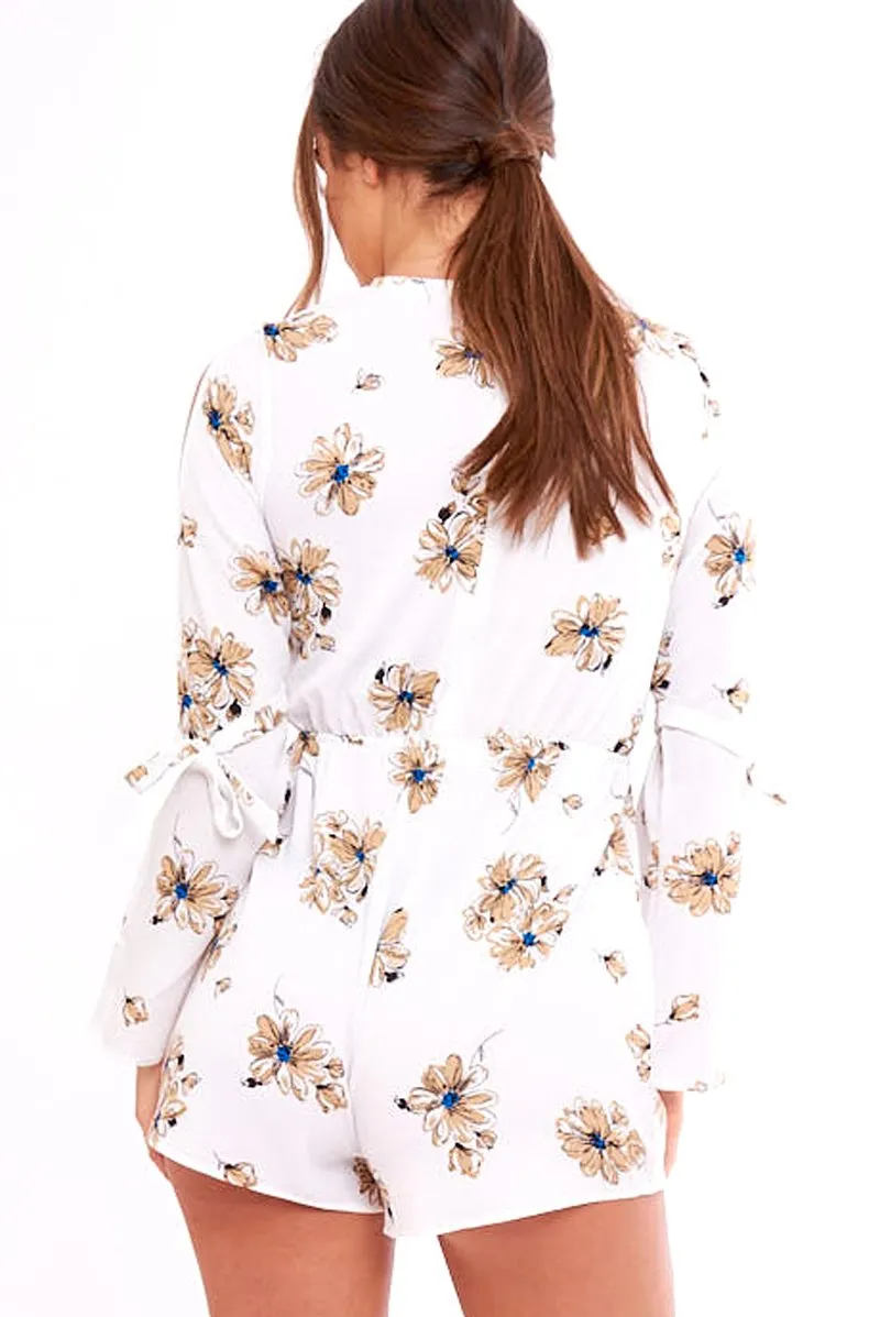 White Floral Print Lace Up Playsuit - Courtney