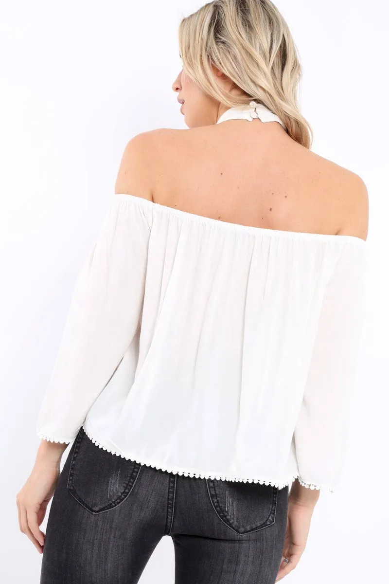 White Halter Neck Lace up Front Top- Triana