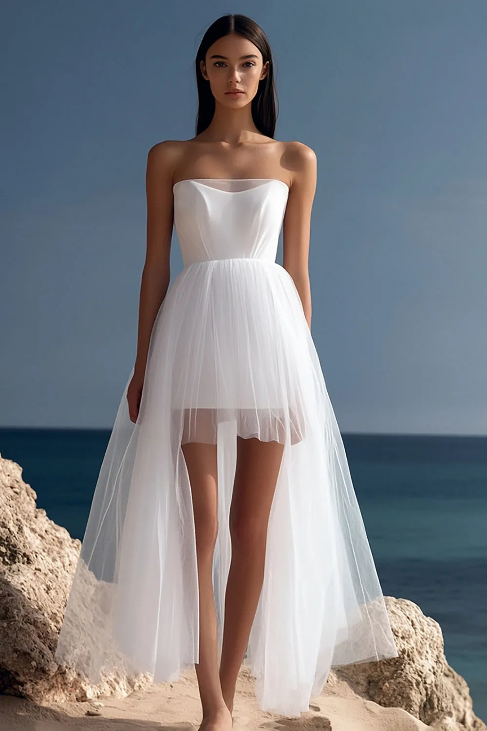 White High-Low Tulle Strapless Graduation Dress