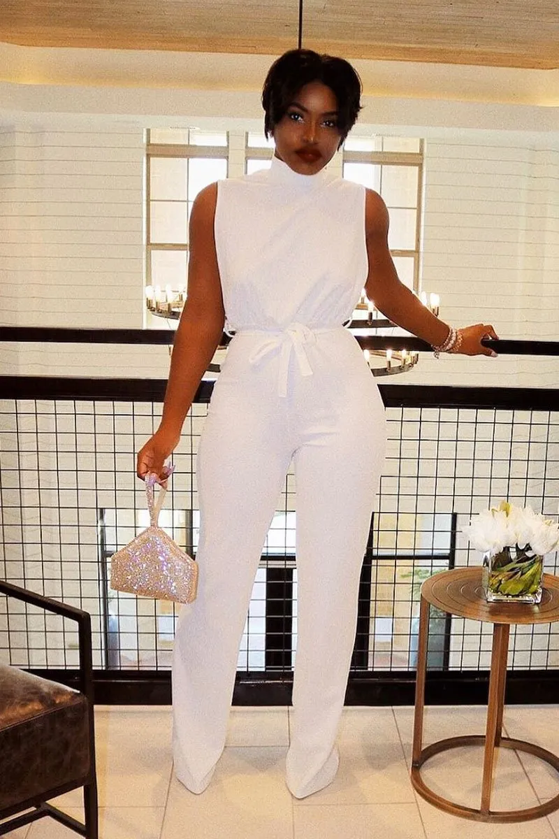 White High Neck Belted Wide Leg Jumpsuit - Phoebie