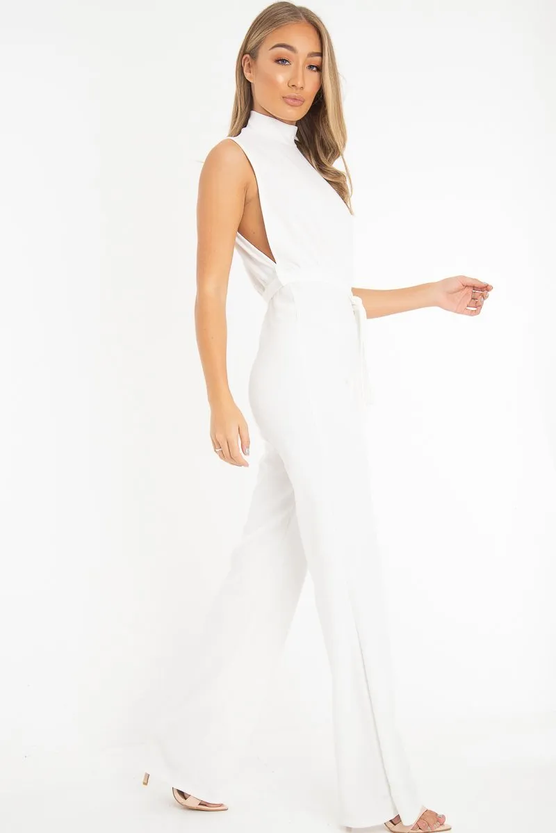 White High Neck Belted Wide Leg Jumpsuit - Phoebie