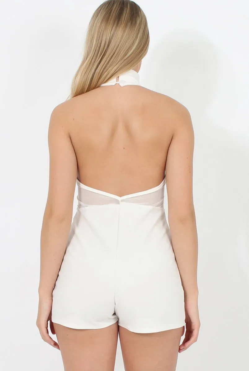 White High Neck Mesh Detail Playsuit - Kacey