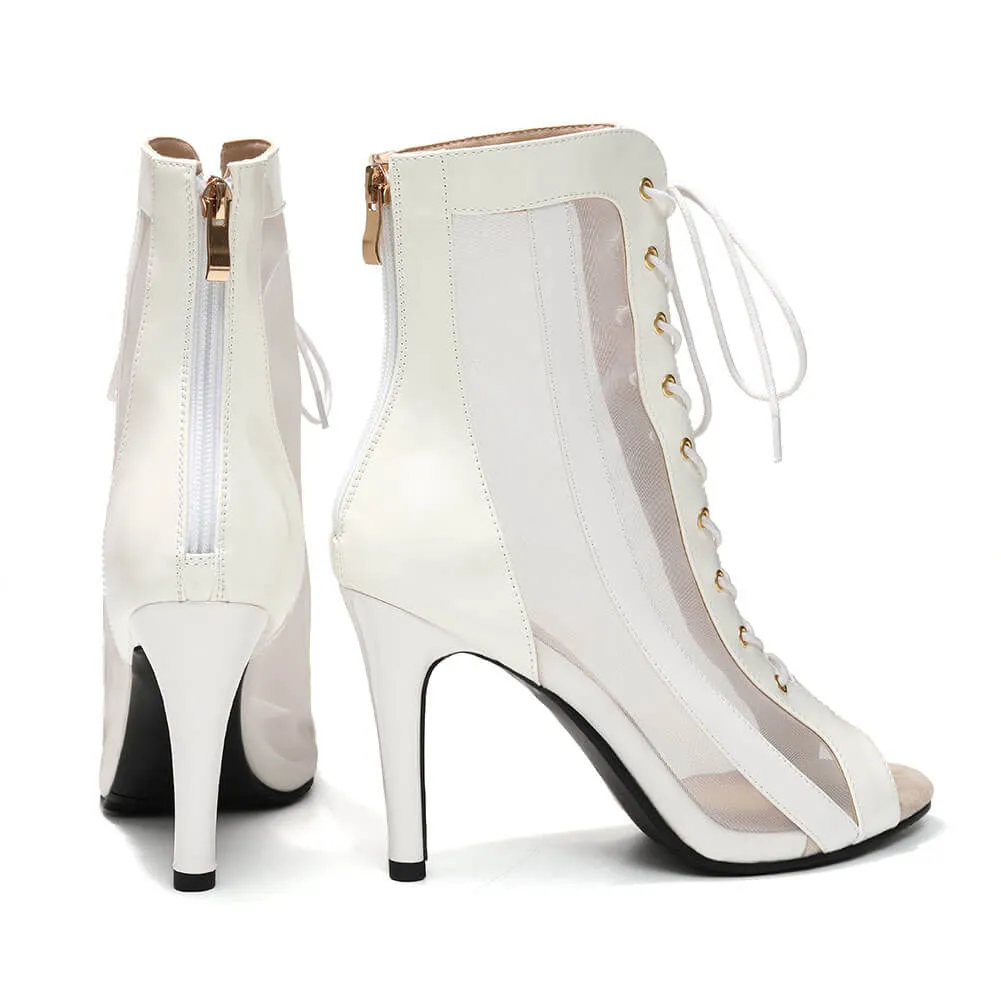 White Women's Mesh Lace-Up Dance Boots