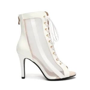 White Women's Mesh Lace-Up Dance Boots