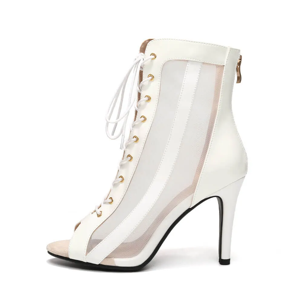 White Women's Mesh Lace-Up Dance Boots