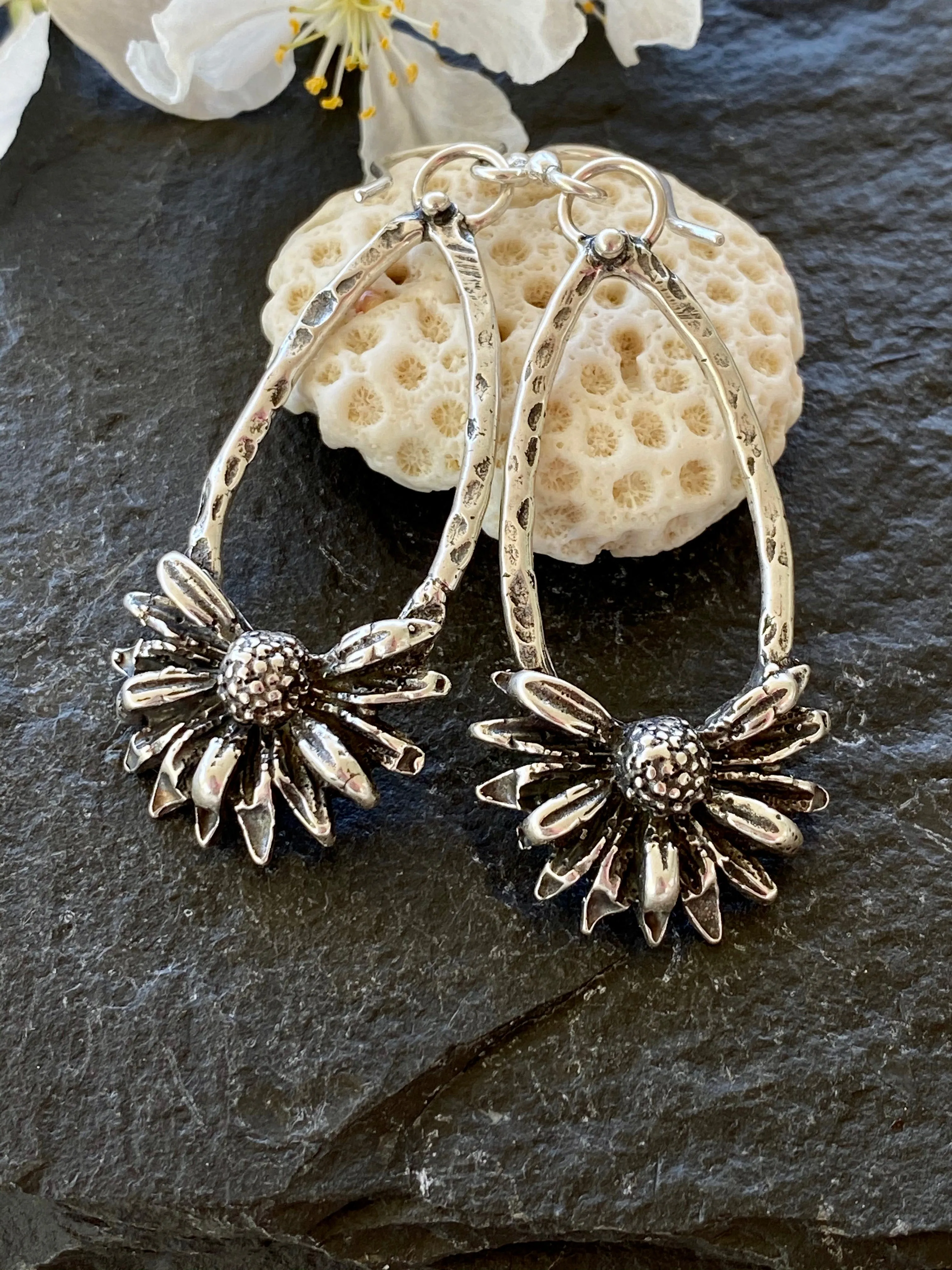 Wildflowers hand cast oval hoop earrings