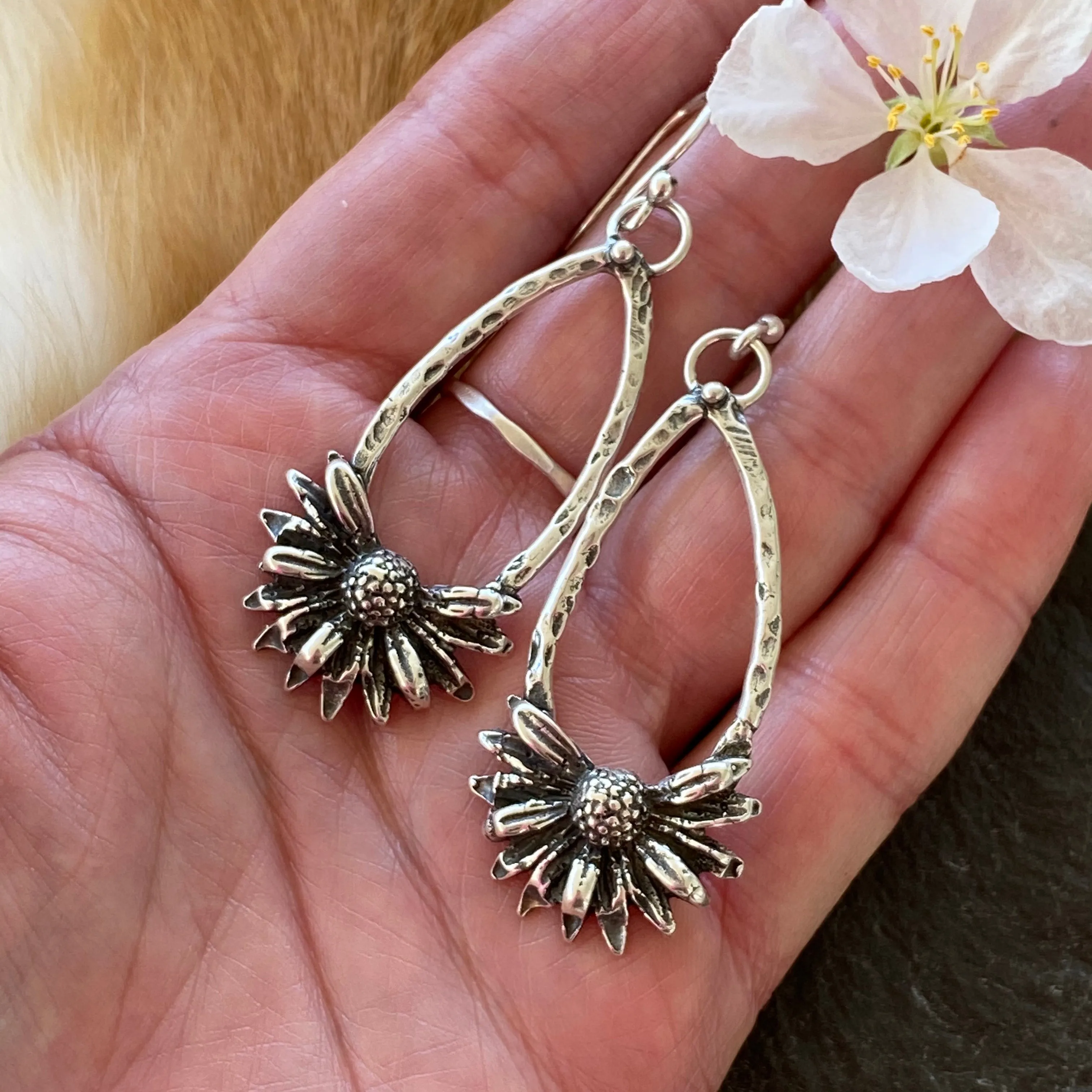 Wildflowers hand cast oval hoop earrings