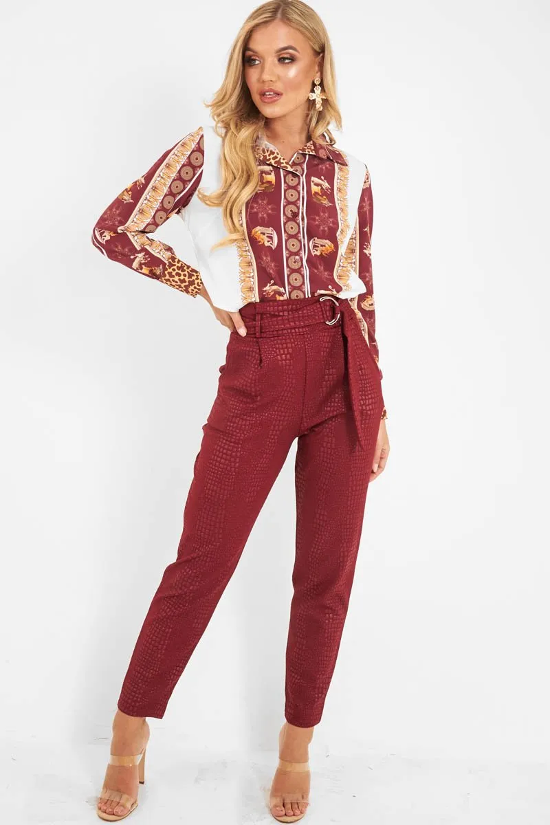Wine Belted Croc Print Tapered Trousers - Aasia