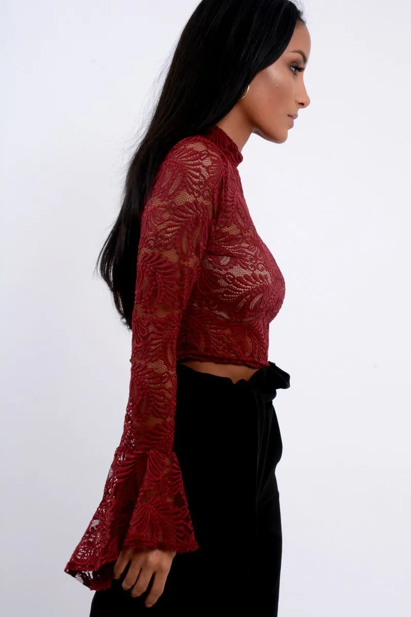 Wine Lace High Neck Crop Top with Key Hole Back - Ellah