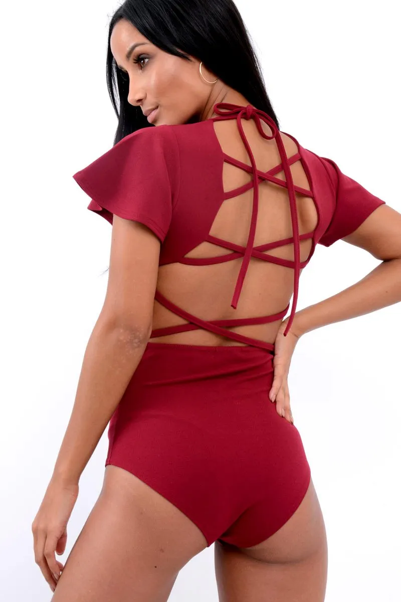 Wine Lace Up Back Bodysuit - Kyra