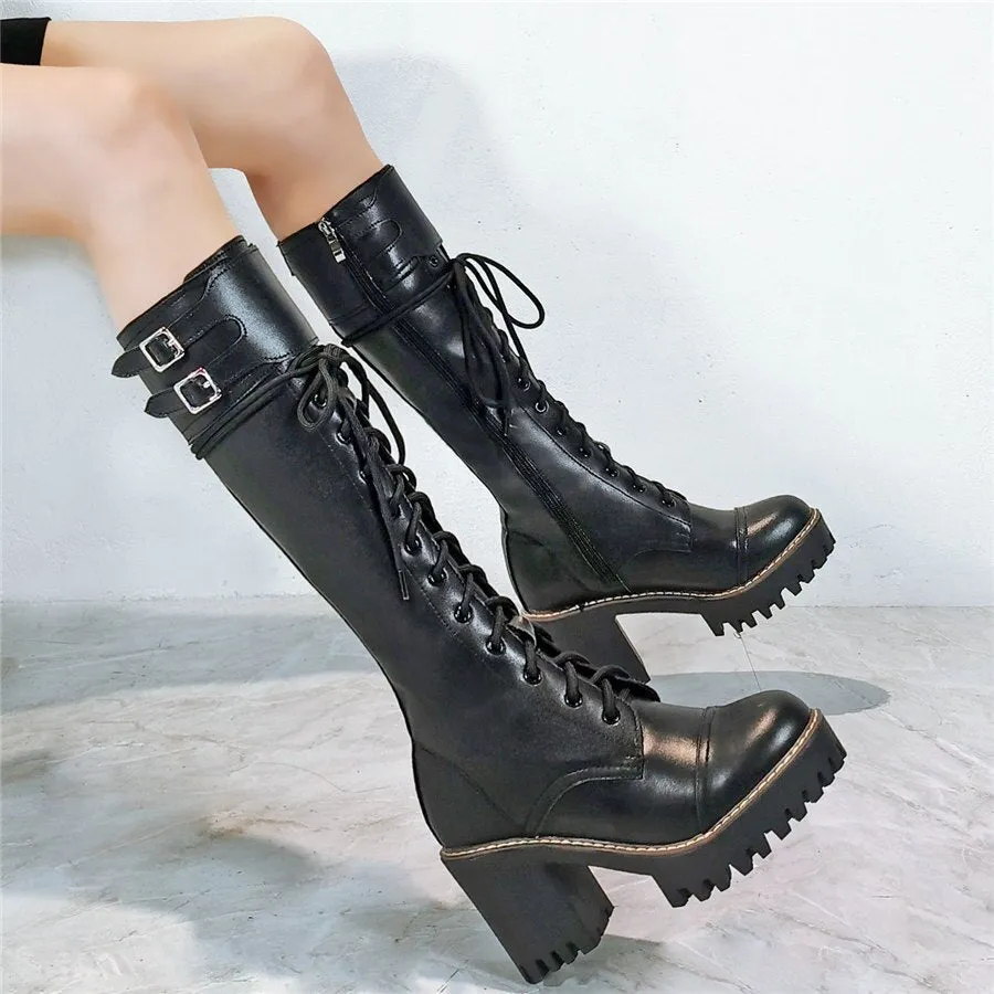 Women Lace Up Straps Genuine Leather Chunky High Heels Motorcycle Boots