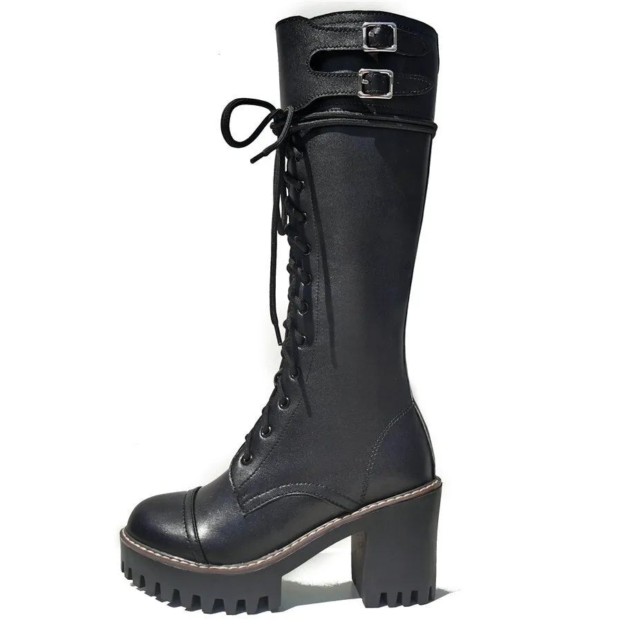 Women Lace Up Straps Genuine Leather Chunky High Heels Motorcycle Boots