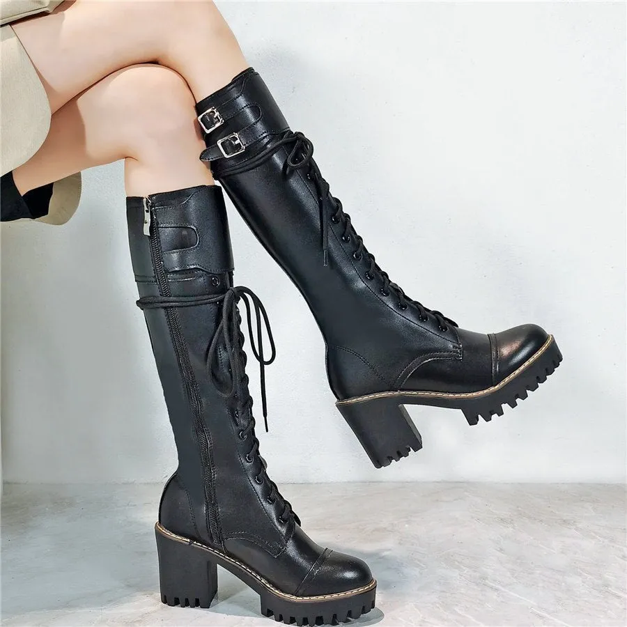 Women Lace Up Straps Genuine Leather Chunky High Heels Motorcycle Boots