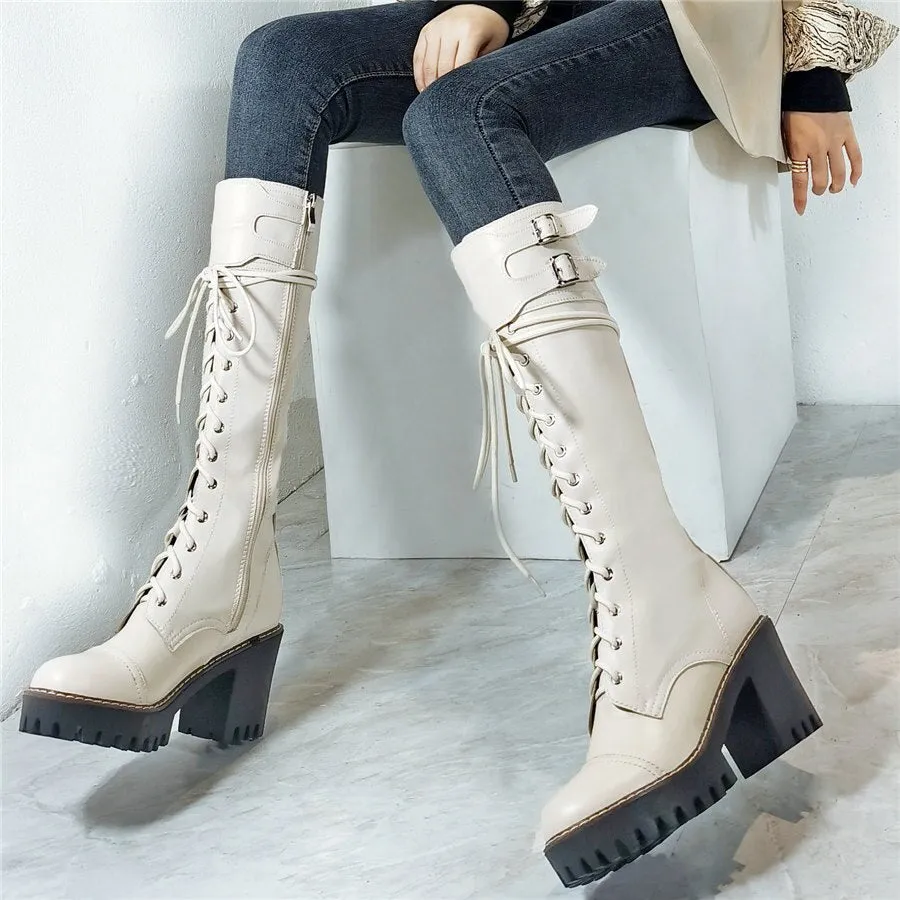 Women Lace Up Straps Genuine Leather Chunky High Heels Motorcycle Boots