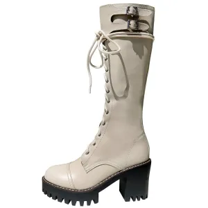 Women Lace Up Straps Genuine Leather Chunky High Heels Motorcycle Boots