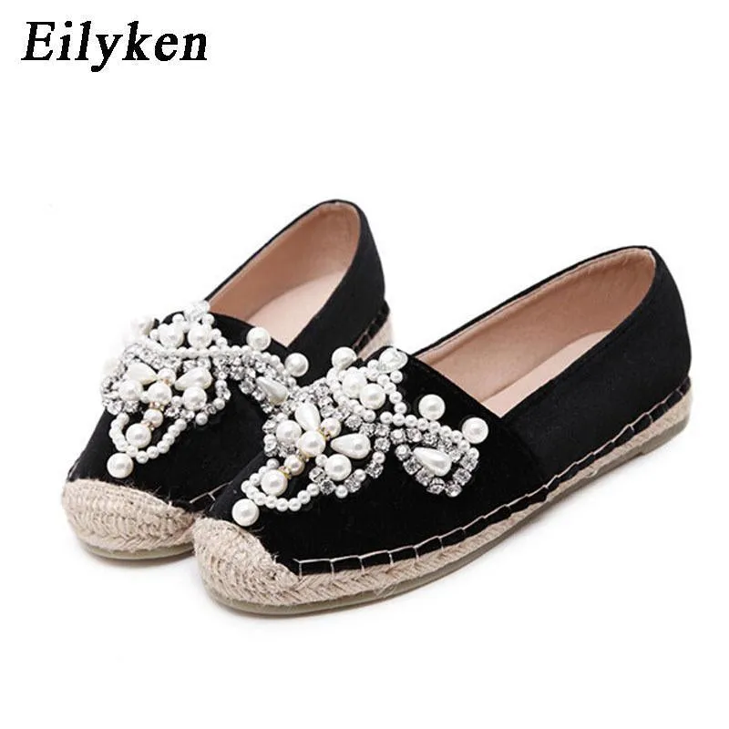 Women Loafer Round Toe espadrilles Pearl Comfortable Hemp Bottom Women Flats Shoes