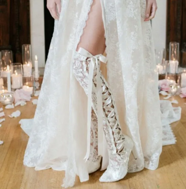Women Romantic Floral Lace Ribbons Bandage Over Knee Boots