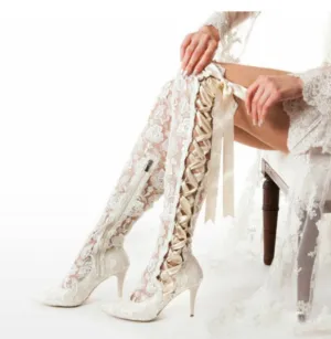 Women Romantic Floral Lace Ribbons Bandage Over Knee Boots
