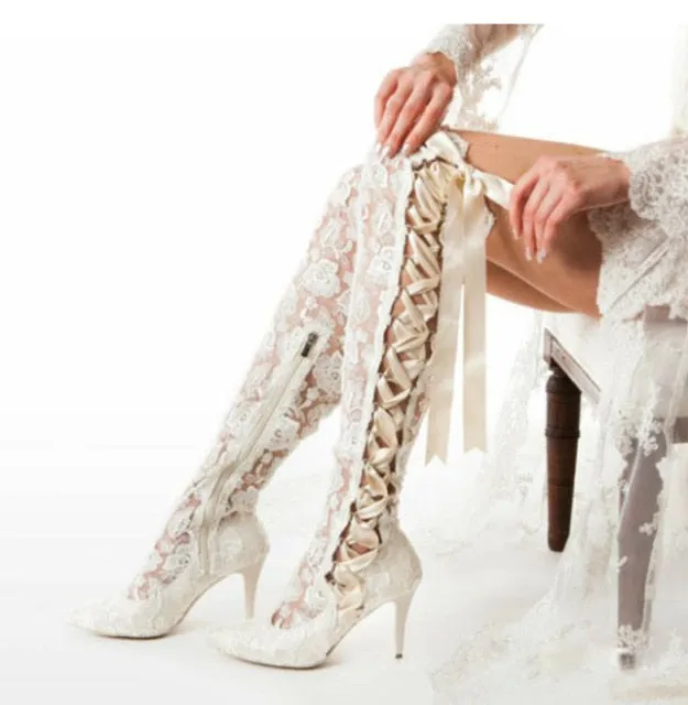 Women Romantic Floral Lace Ribbons Bandage Over Knee Boots