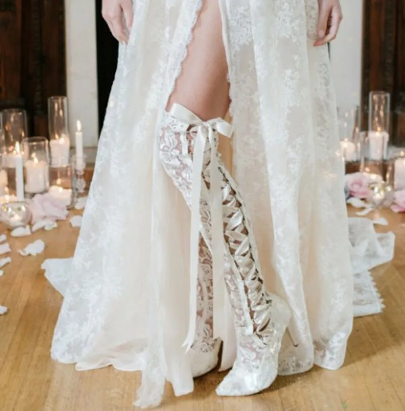 Women Romantic Floral Lace Ribbons Bandage Over Knee Boots