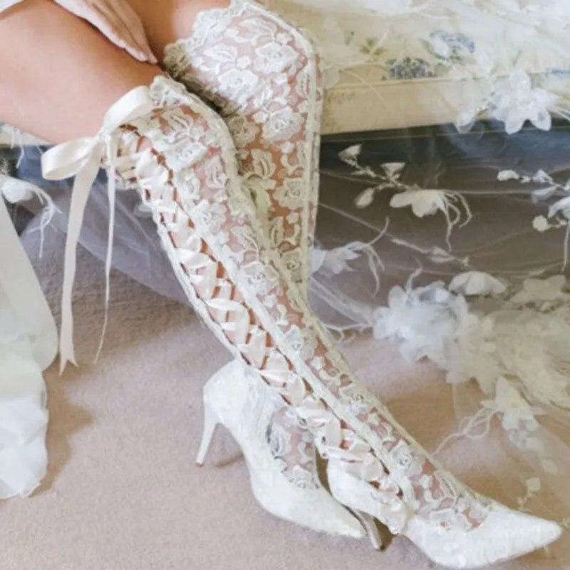 Women Romantic Floral Lace Ribbons Bandage Over Knee Boots