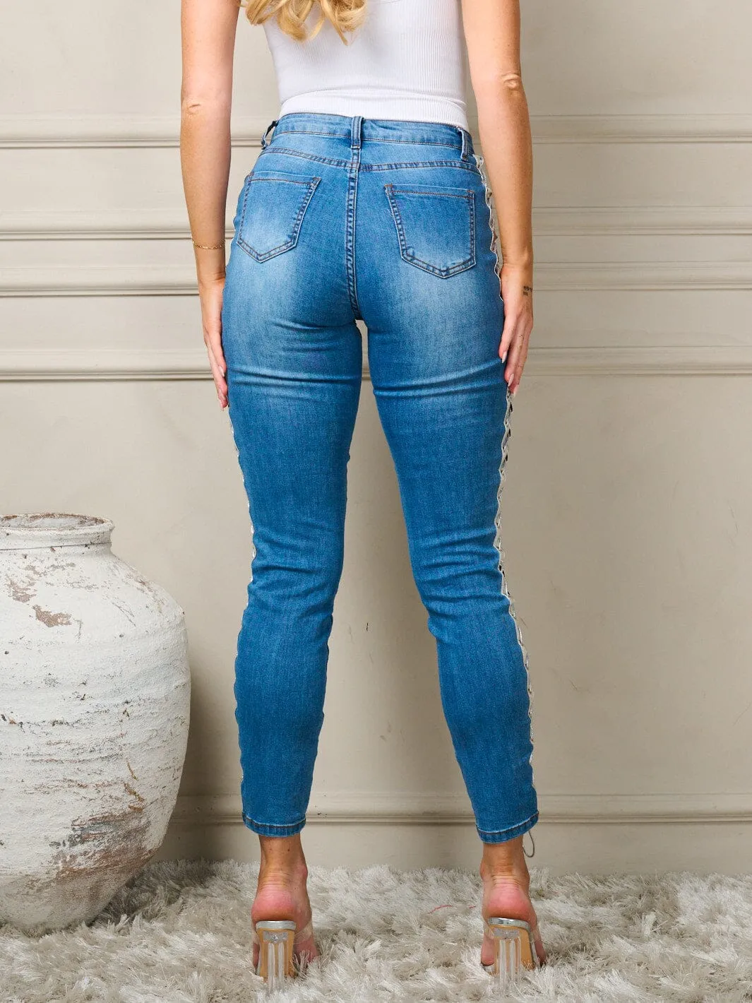 WOMEN'S BUTTON CLOSURE POCKETS SKINNY LACE UP DENIM JEANS