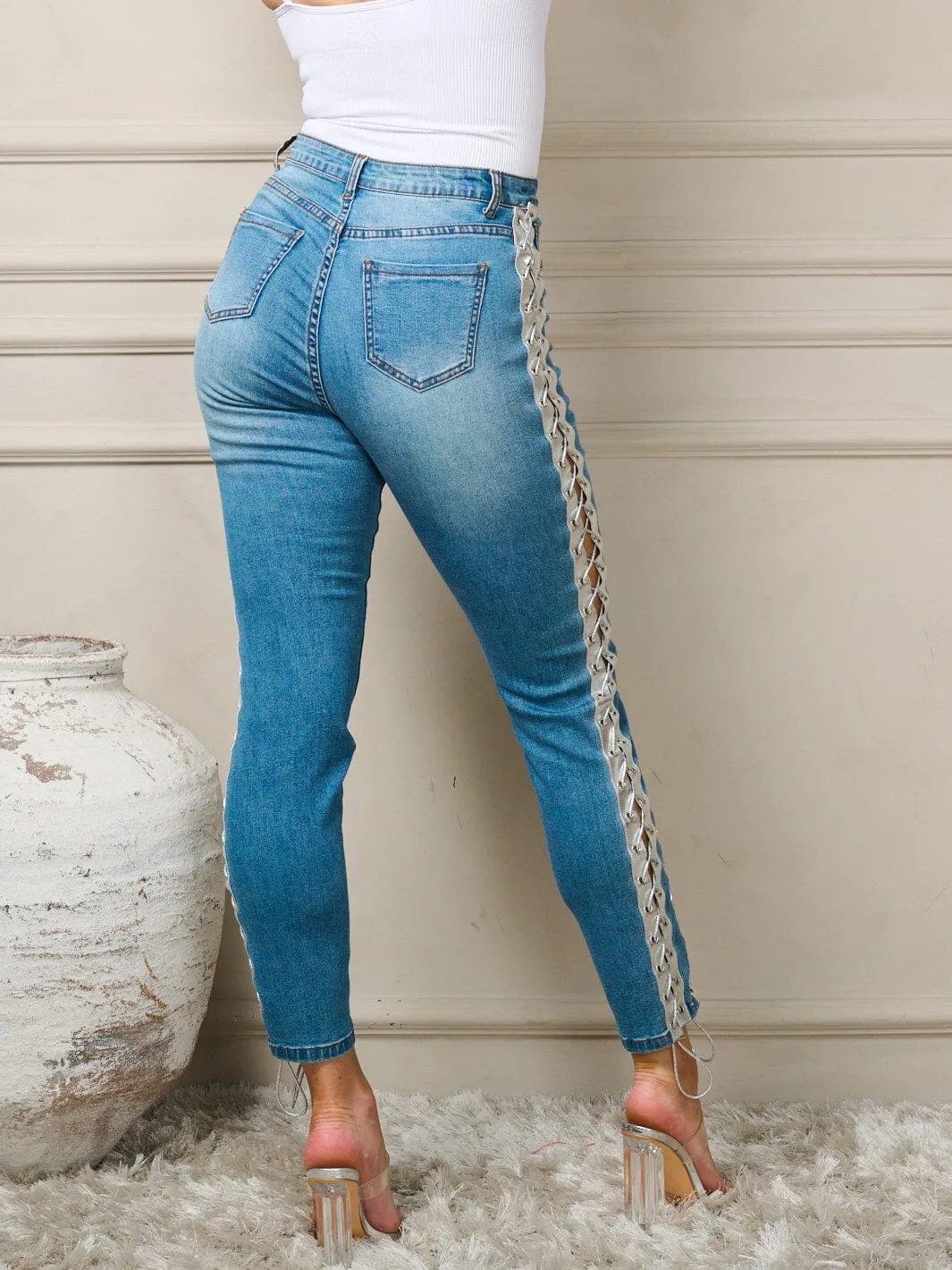 WOMEN'S BUTTON CLOSURE POCKETS SKINNY LACE UP DENIM JEANS