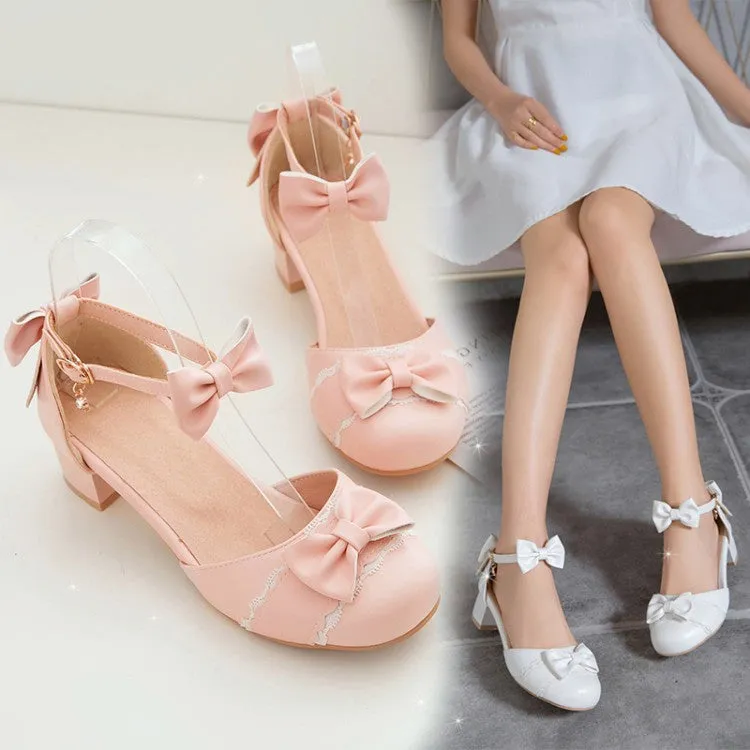 Women's Double Bow Tie Mary Jane Mid Heels Sandals
